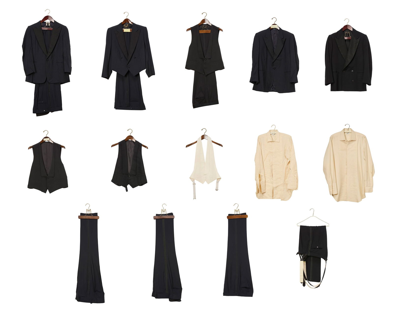 A large group of custom-tailored men's tuxedo suits and separates: A large group of custom-tailored men's tuxedo suits and separatesCirca 1980s-2010sVariously labeled for maker/tailor and date, including Y. William Yu, Inc., New York; Morty Sills, New York; Carroll,