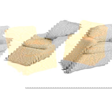 A pair of Contemporary upholstered armchairs: A pair of Contemporary upholstered armchairsLate 20th/early 21st centuryEach with damask-style gold and cream fabric upholstery2 piecesEach: 34" H x 33" W x 41" D Provenance:From the Collection of Rob
