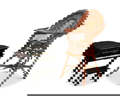 A Dexton miniature Concert Grand piano and caned highchair: A Dexton miniature Concert Grand piano and caned highchair20th centuryPiano marked: Concert Grand / DextonComprising a child's piano with black lacquered finish and conforming bench, together with a w