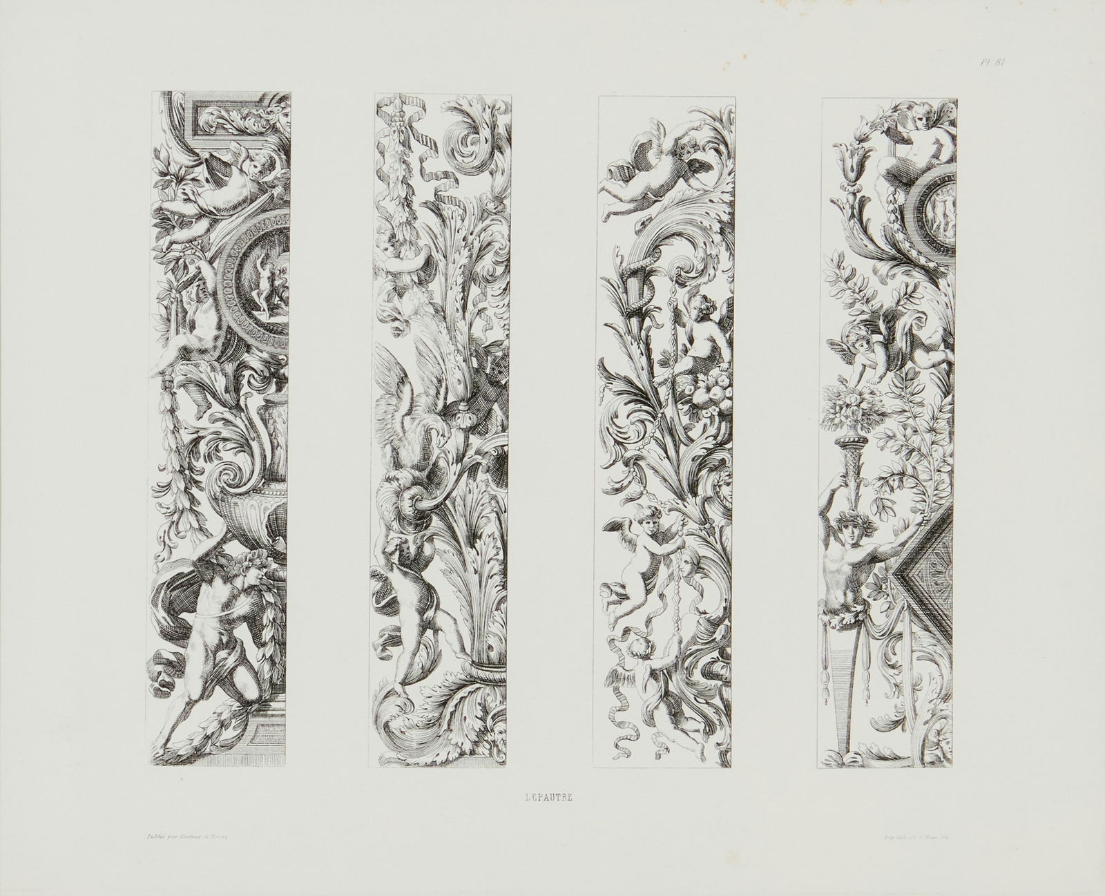After Jean Lepautre (1618-1682), Four architectural decorations, plate 81 from "Collection des plus (1 of 8)