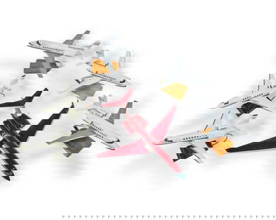 A group of model planes: A group of model planesLate 20th/early 21st centuryMost variously marked for maker; each with tail registration numberFive mounted on a stand6 piecesLargest (unmounted): 5" H x 23.5" W x 24" D; Smalle