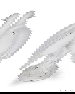 A Lalique clear and frosted glass 'Ariane' dove figural group: A Lalique clear and frosted glass 'Ariane' dove figural group20th centuryEtched: Lalique trademarked France [post-1978]; with applied paper label bearing model number: 11638Depicting two dove figures