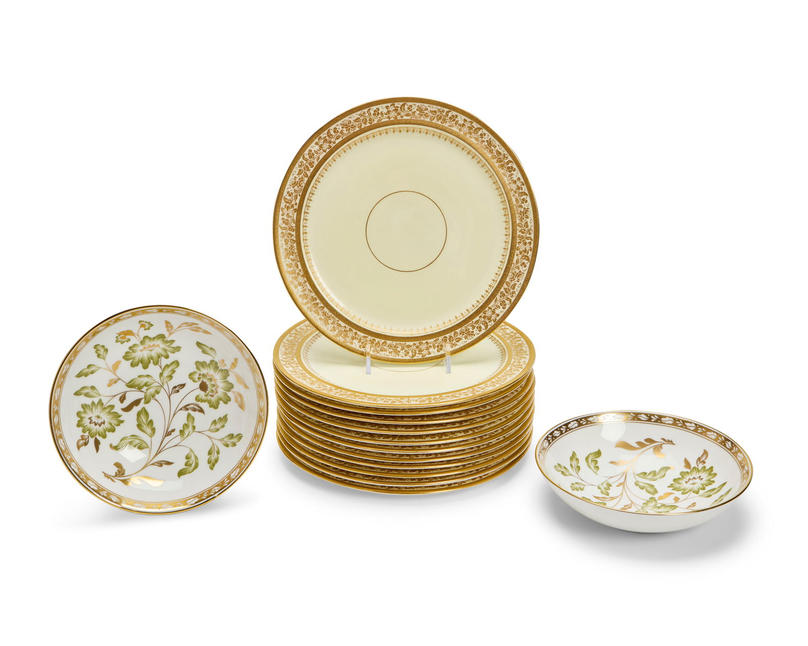 Two sets of English porcelain plates and dishes: Two sets of English porcelain plates and dishesEarly 20th-early 21st centuryThe first black printed: George Jones & Sons / England / Crescent / China; and painted: 28053; the second red printed: Royal