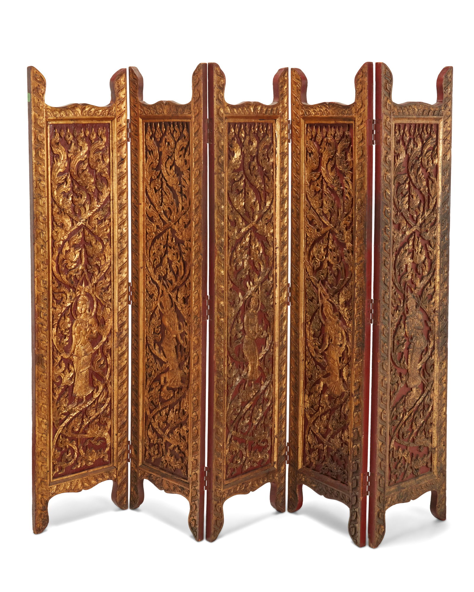 A Southeast Asian red-painted and parcel-gilt five-panel screen (1 of 9)