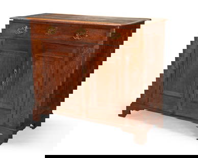 A George III oak chest: A George III oak chestLate 18th/early 19th centuryWith a single drawer above two locking cupboard doors revealing a single shelf, each with updated brass hardware, on later bracket feet41" H x 48" W x