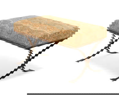A Contemporary upholstered wrought-iron bench: A Contemporary upholstered wrought-iron benchLate 20th/early 21st centuryWith curvilinear X-form supports, upholstered in a beige fabric with trimming18" H x 33.5" W x 20" D Provenance:From the Collec