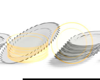 A set of twelve Minton porcelain soup bowls: A set of twelve Minton porcelain soup bowlsEarly 20th centuryEach with puce printed factory mark above retailer: Gilman Collamore & Co. / New York; also with impressed factory mark and date cyphers; r