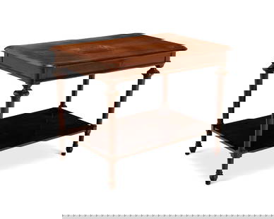 A Contemporary wood side table: A Contemporary wood side table20th centuryWith turned legs joined by an undertier29.5" H x 39" W x 27.5" D Provenance:From the Collection of Robert A. Day