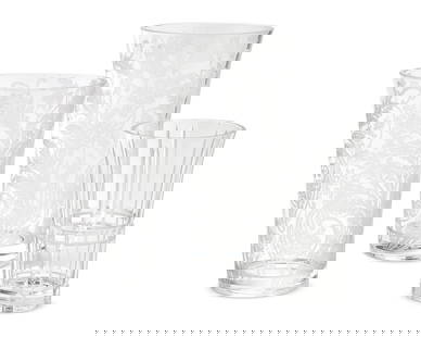 Three Christofle glass vases: Three Christofle glass vasesLate 20th/early 21st centuryEach with etched factory markComprising two Christofle clear and frosted glass 'Marly' vases with vinery decoration, and a Christofle ribbed fla