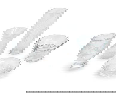 A group of Lalique clear and frosted glass table items: A group of Lalique clear and frosted glass table itemsLate 20th/early 21st centuryEach etched to underside: Lalique trademarked France [post-1978]Comprising a flared 'Arabesque' vase with vinery decor