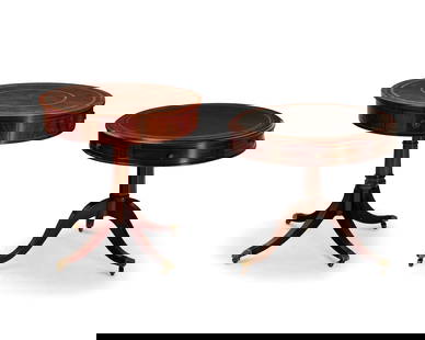Two Regency-style mahogany drum tables: Two Regency-style mahogany drum tablesEarly/mid-20th centuryComprising one by Kittinger with four drawers with twisted ring pulls, and one with six drawers with round knob pulls, each with inset toole