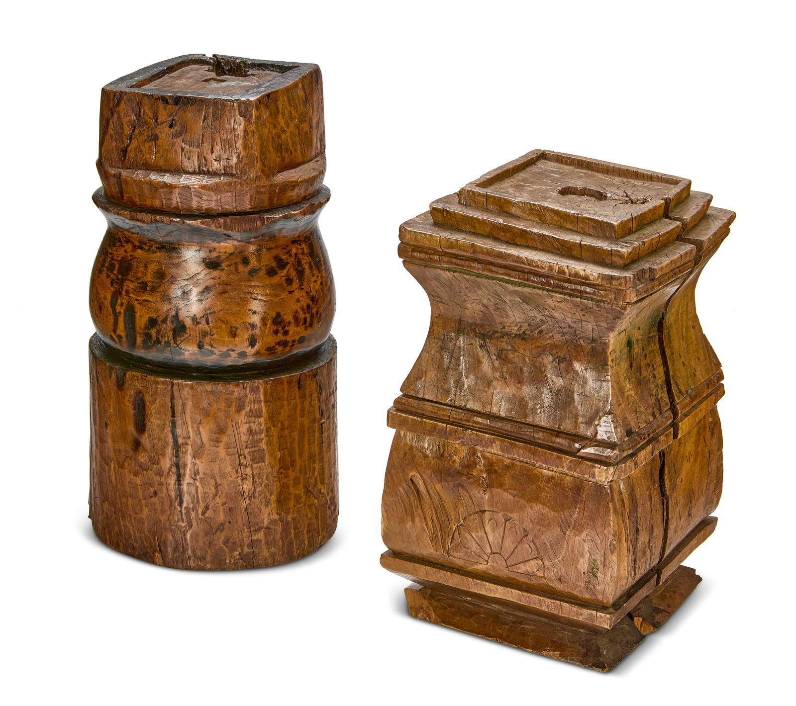 Two carved wood balusters: Two carved wood balusters19th/early 20th century2 piecesTaller: 17.5" H x 9.5" Dia.; Shorter: 16" H x 9.25" W x 8.25" D Provenance:From the Collection of Robert A. Day