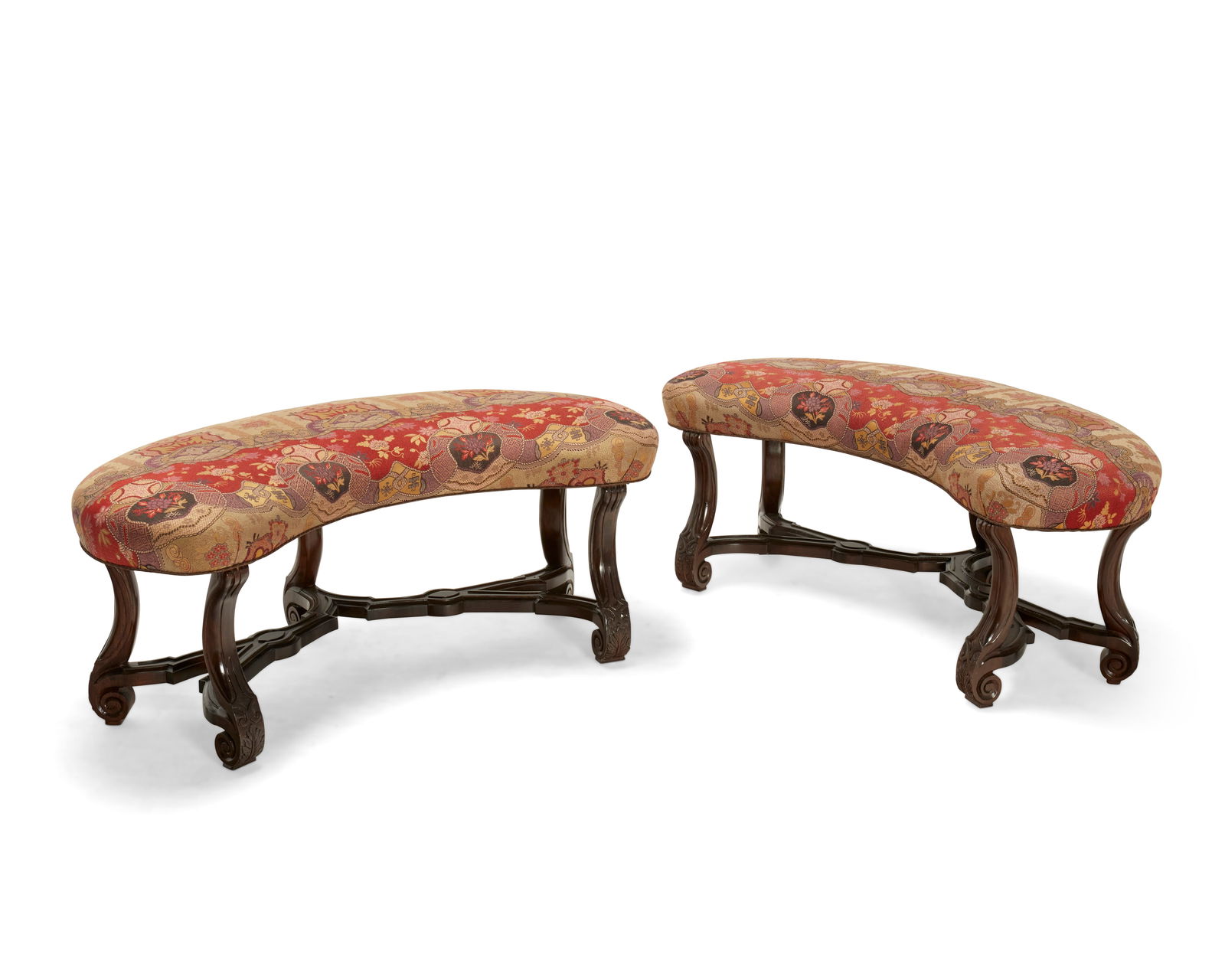 A pair of Baroque-style upholstered carved wood benches (1 of 6)