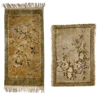Two Chinese silk mats: Two Chinese silk mats20th centuryEach depicting a flowering branch in a vase with perched birds on a taupe field within a decorative border2 piecesLarger: 3' 11" L x 2' W; Smaller: 3' 1" L x 2' 1" W P