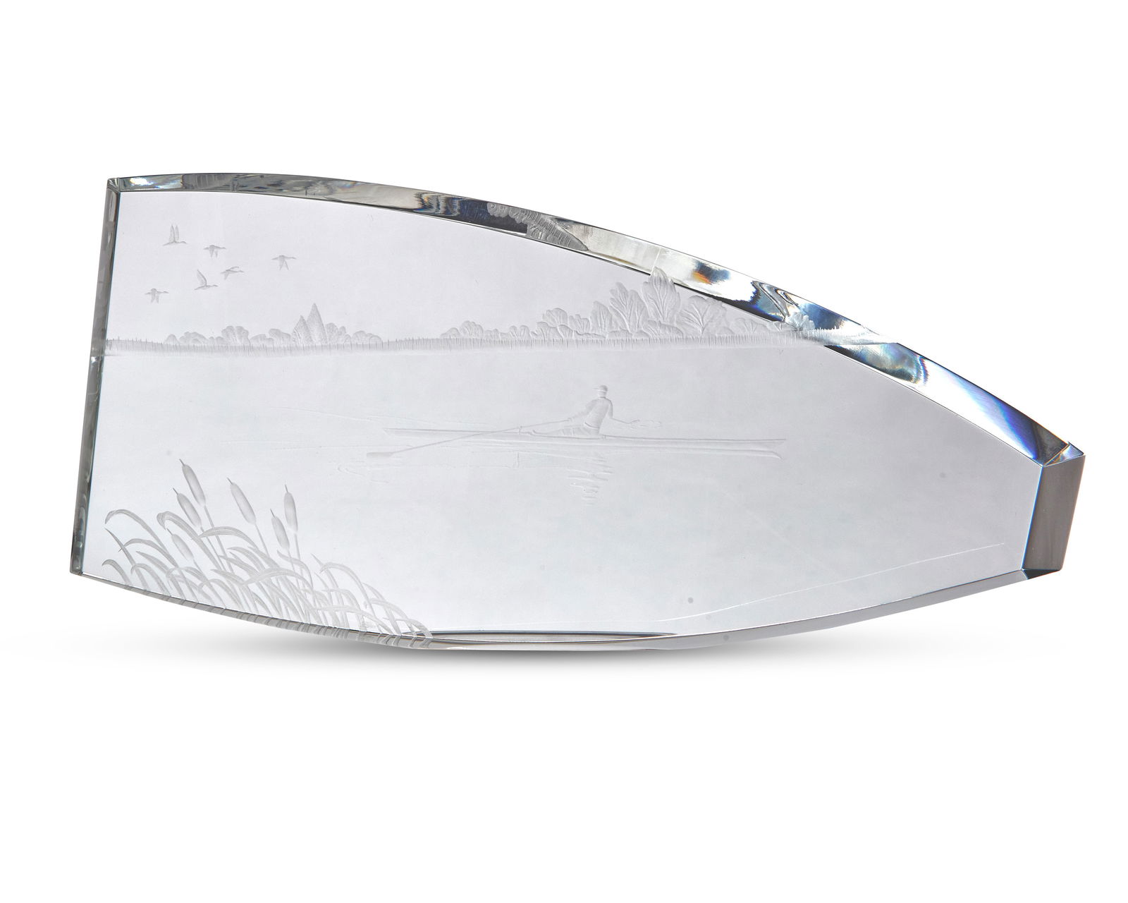 A Steuben "Personal Best" etched glass panel: A Steuben "Personal Best" etched glass panelEarly 21st century, introduced 2009Etched to underside: SteubenBy artist Joel Smith, depicting a rower in a boat within a landscape5" H x 11" W x 1.5" Prove