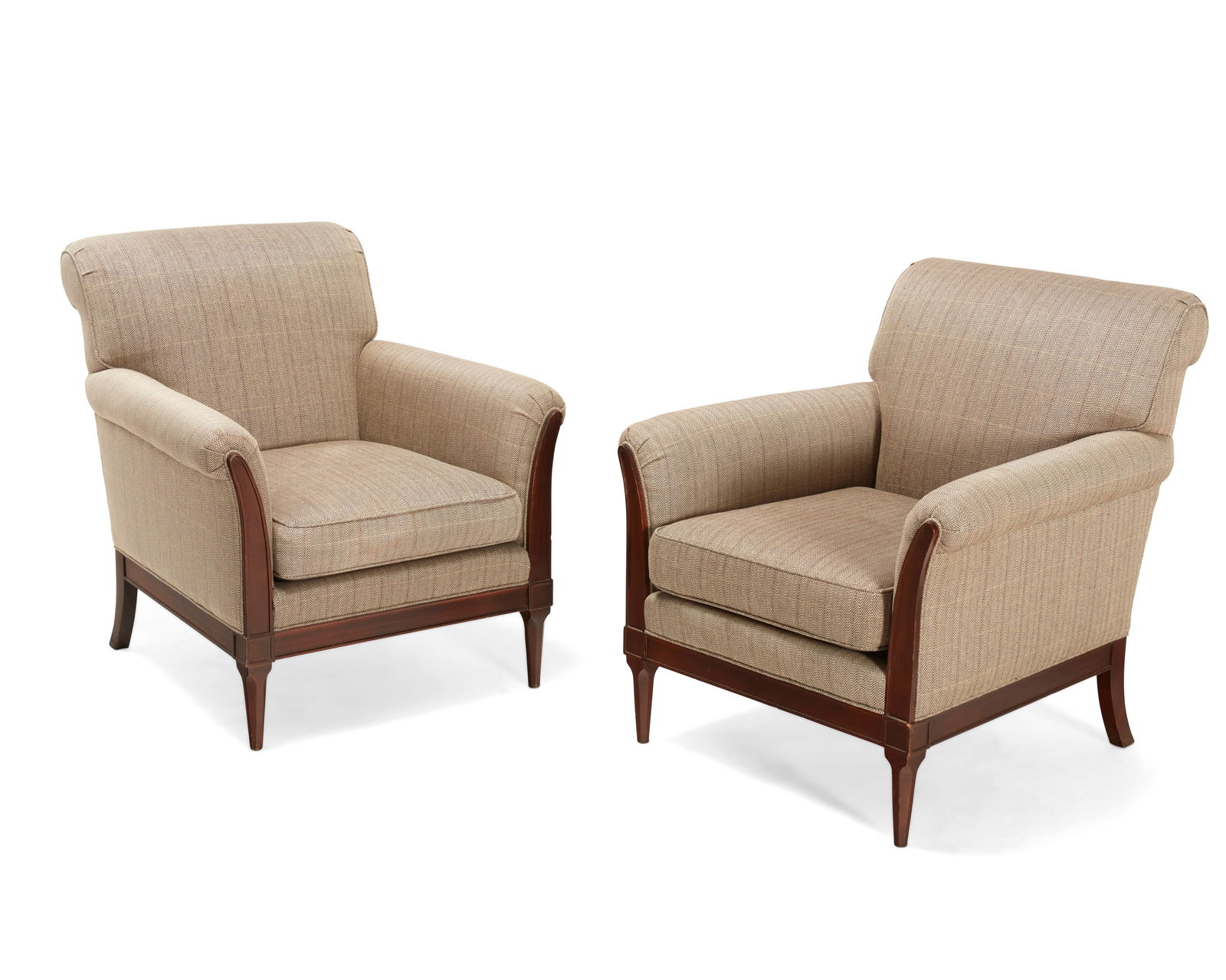 A pair of Kravet Furniture armchairs: A pair of Kravet Furniture armchairsLate 20th centuryEach with Kravet fabric tag to seat undersideEach with herringbone upholstery and rolled armrests, raised on attenuated legs2 piecesEach: 35" H x 3