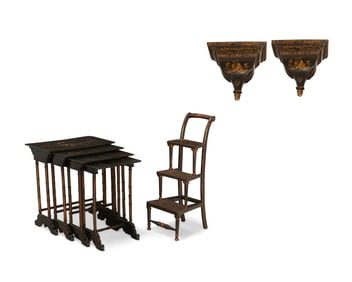 A group of East Asian-style ebonized furniture items