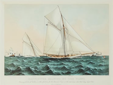After Franklyn Bassford (1857-1897), "Mayflower saluted by the fleet crossing the bow of Galatea in