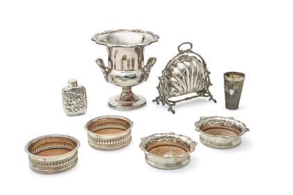 A group of silver-plated and silver plate-mounted table items