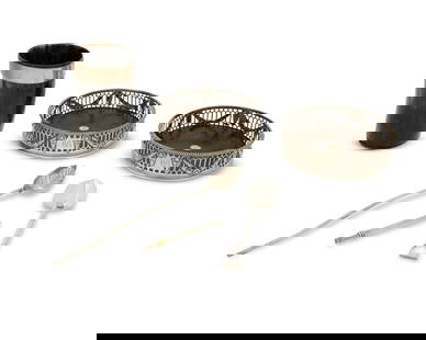 A group of sterling silver and silver-mounted table items: A group of sterling silver and silver-mounted table itemsEach marked for sterling; three marked for Tiffany & Co.; antler marked for AspreyComprising a pair of English pierced silver and wood coasters