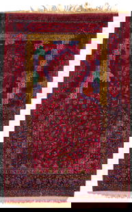 A Kashan floral prayer rug: A Kashan floral prayer rugEarly 20th centuryWith Koranic inscriptionsWool on cotton foundation6' 8" L x 4' 6" W