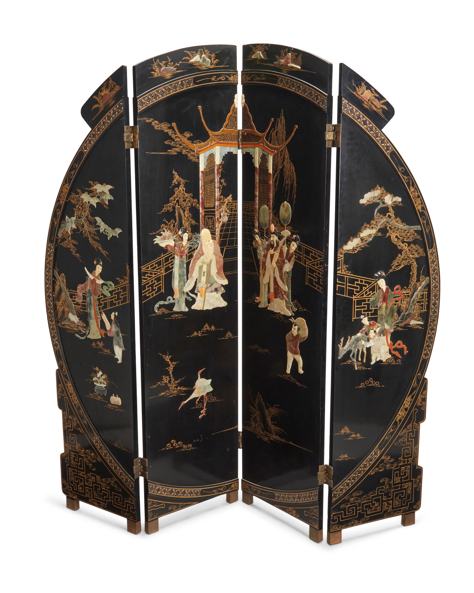 An East Asian hardstone-mounted four-panel screen: An East Asian hardstone-mounted four-panel screen20th centuryOf circular form, each black lacquered wood panel with hardstone, shell, and carved bone overlay to fronts, depicting a scene with courtly