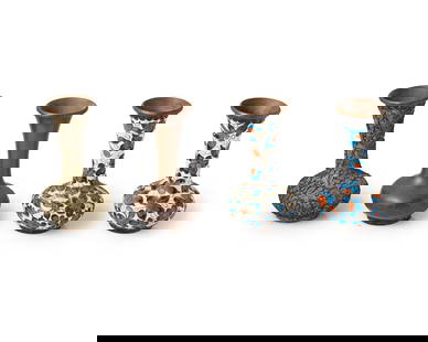 Four Chinese cloisonne sample vases: Four Chinese cloisonne sample vases20th centuryEach depicting a stage in the process of creating a cloisonne vase, one as the copper base, another with gilt and copper wiring, and two with enamel fill