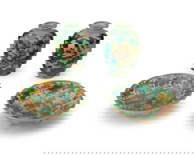 A group of East Asian plique-a-jour items: A group of East Asian plique-a-jour items20th centuryEach unmarkedComprising two footed dishes and two vases, depicting floral and foliate motifs4 piecesTaller vase: 5.25" H x 3.5" Dia.; Each tray: 1.