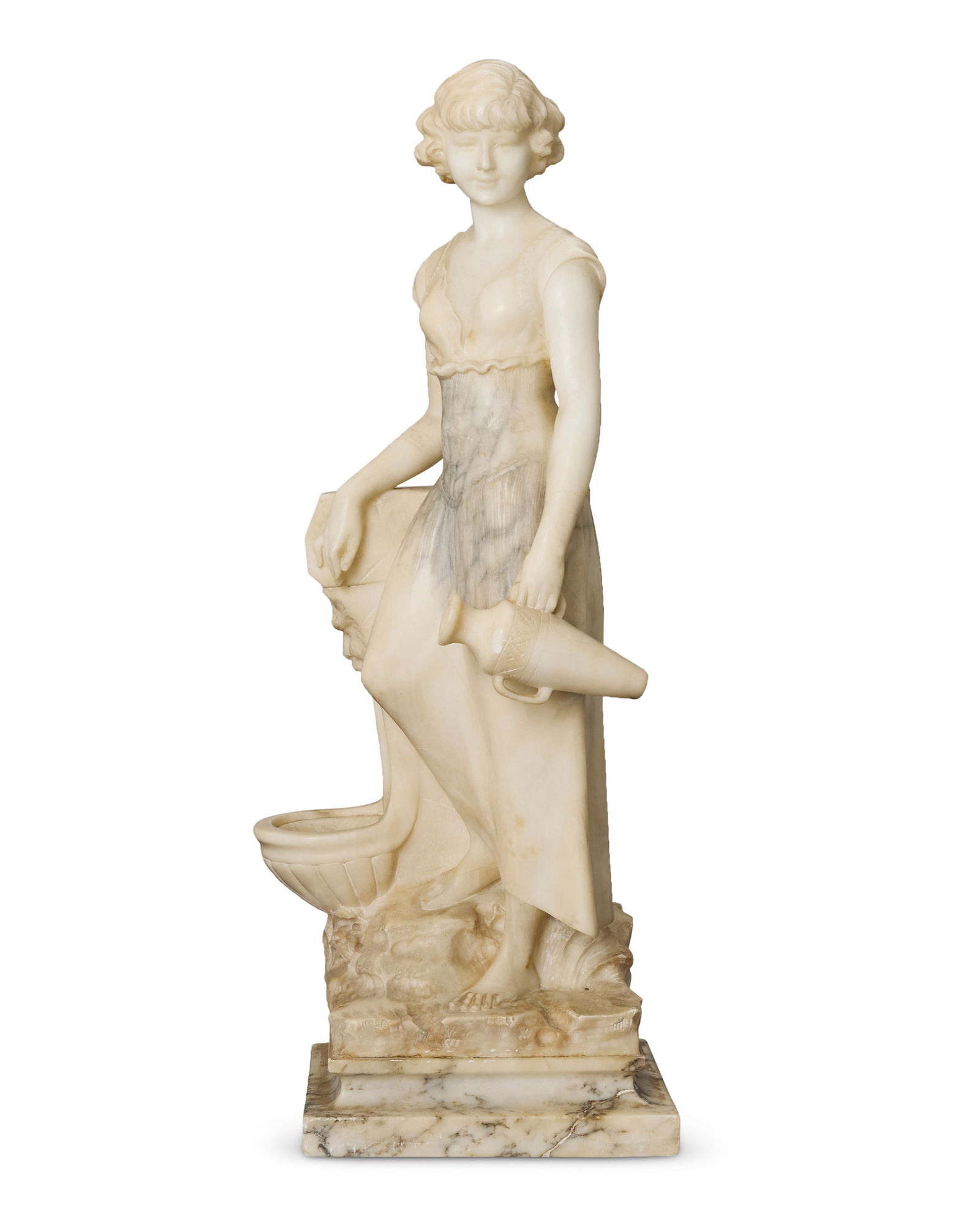 An Italian carved alabaster figural lumiere: An Italian carved alabaster figural lumiere20th centuryWith signature verso possibly reading: U Stacinni; further marked: Florence / Made in ItalyThe single-light lumiere depicting a maiden with jug s