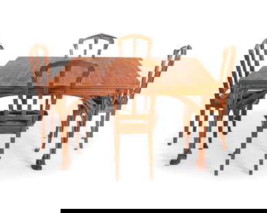 A French Art Nouveau dining table and eight chairs: A French Art Nouveau dining table and eight chairsCirca 1900; Nancy region, FranceThe table extendable with five associated later leaves, the corners decorated with carved wheat stalk accents, togethe