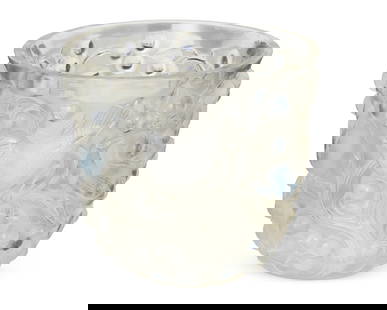 A Rene Lalique glass 'Avallon' vase: A Rene Lalique glass 'Avallon' vaseMarcilhac 986, design introduced 1927Wheel-cut: R LALIQUE / FRANCE; further etched: N: 986The molded iridescent glass vase with birds amidst clusters of grapes in me