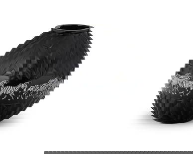 A Lalique molded black glass 'Tanzania' vase: A Lalique molded black glass 'Tanzania' vase1981Acid-etched to underside: Lalique registered trademark France [post-1978] / 81Designed by Marie-Claude Lalique (1935-2003), depicting zebras centering b