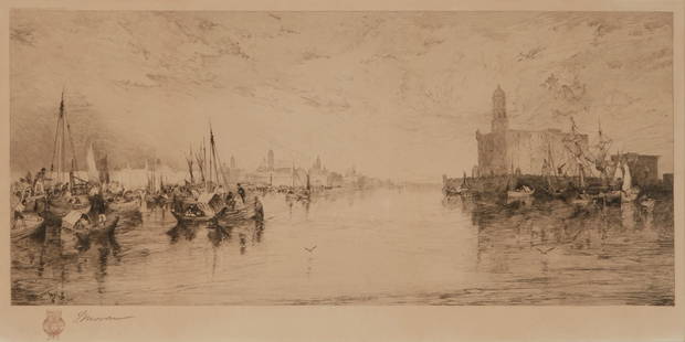 Thomas Moran (1837-1926), "The Harbor of Veracruz, Mexico," 1885: Thomas Moran(1837-1926)"The Harbor of Veracruz, Mexico," 1885Etching in black on imitation Japan paperSigned in pencil and stamped with a brown ink footed vase remarque in the lower margin, at left: T