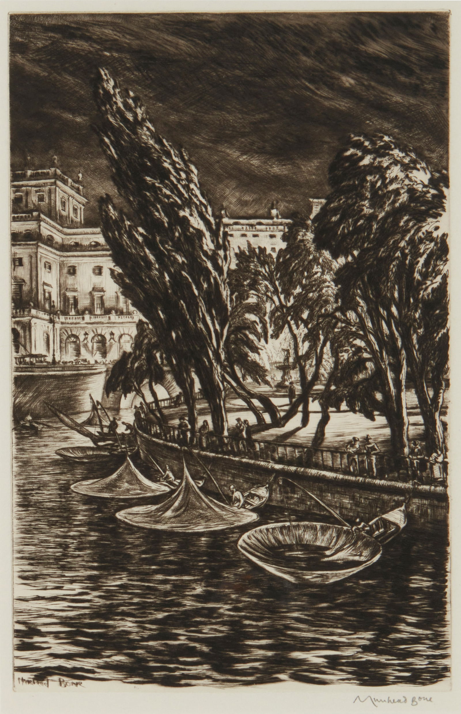Muirhead Bone (1876-1953), ''Windy Night, Stockholm,'' 1935: Muirhead Bone(1876-1953)''Windy Night, Stockholm,'' 1935Drypoint on wove paperFrom the edition of unknown size; tenth (final) stateSigned in pencil in the lower margin, at right: Muirhead BonePlate: 1