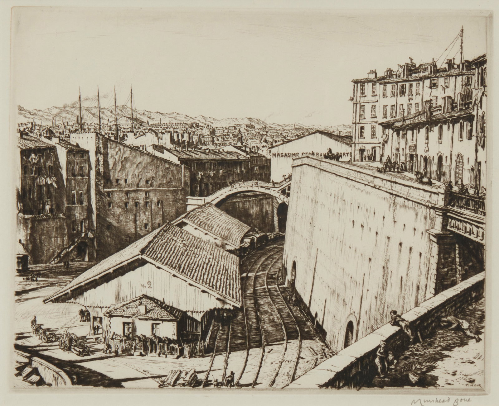 Muirhead Bone (1876-1953), "Railway Sheds, Marseilles," 1937: Muirhead Bone(1876-1953)"Railway Sheds, Marseilles," 1937Drypoint on wove paperFrom the edition of 91 impressions in the tenth (final) state (the total edition in all states was 103)Signed in pencil i