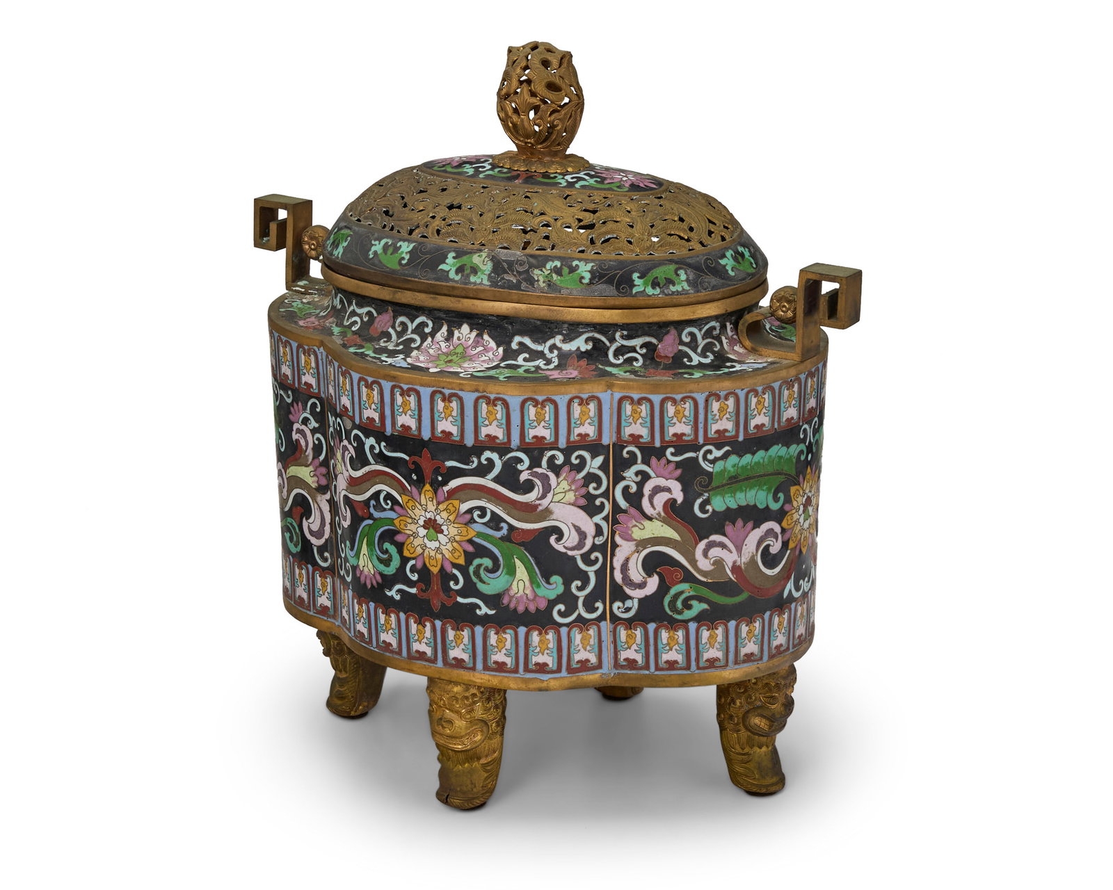 A Chinese cloisonne enamel censer: A Chinese cloisonne enamel censer20th centuryThe gilt copper and enamel censer with openwork foliate motifs to lid and finial, the body with opposed handles and floral motifs on the enameling, raised