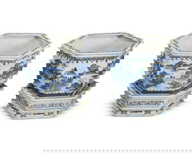 A pair of Chinese blue and white porcelain jardinieres: A pair of Chinese blue and white porcelain jardinieresEarly/mid-20th century or laterEach hexagonal jardiniere decorated with cobalt blue buildings and figures in a landscape, raised on a conformingly