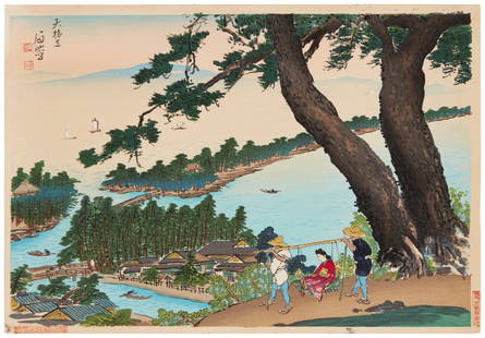 Bisen Fukuda (1875-1963), "Amanohashidate," 1950: Bisen Fukuda(1875-1963)"Amanohashidate," 1950Woodcut in colors on paperFrom the edition of unknown sizeWith the black ink signature and the artist's red ink seals in Japanese in the upper left image c