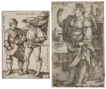Hans Sebald Beham (1500-1550): Hans Sebald Beham (1500-1550)Two works:"Standard Bearer and Drummer," 1544Engraving on laid paper without watermark laid to Japan paperWith the artist's monogram and the date engraved in the plate at