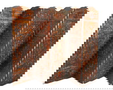 A Baroque-style painted leather five-panel screen: A Baroque-style painted leather five-panel screenLate 19th/early 20th centuryThe leather-wrapped wood panels with metal hinges, each depicting a seraphim mask above an urn with floral arrangement abov