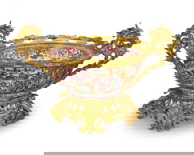 A Rococo-style gilt-bronze-mounted Chinese Export porcelain bowl: A Rococo-style gilt-bronze-mounted Chinese Export porcelain bowlLate 19th/early 20th centuryThe Rose Medallion porcelain bowl decorated with figural scenes, mounted with Louis XV-style bronze foliate