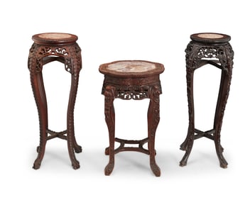 Three Chinese carved wood and marble plant stands