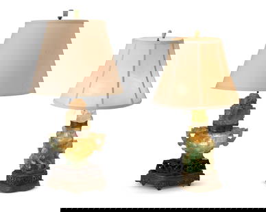 Two East Asian carved fluorite table lamps: Two East Asian carved fluorite table lamps20th centuryEach lidded stone vessel mounted as a lamp with metal band and openwork base, comprising a single-light lamp with carved dragon-form handles above