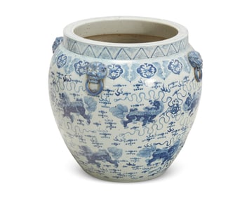 A large blue and white porcelain jardiniere