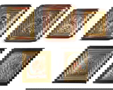 A group of Russian icons: A group of Russian icons19th/20th centuryEach painted on wood, comprising a Christ Pantocrator, two depicting the Mother of God, and Mother of Kazan with enameled riza, each with a gilt-metal oklad an