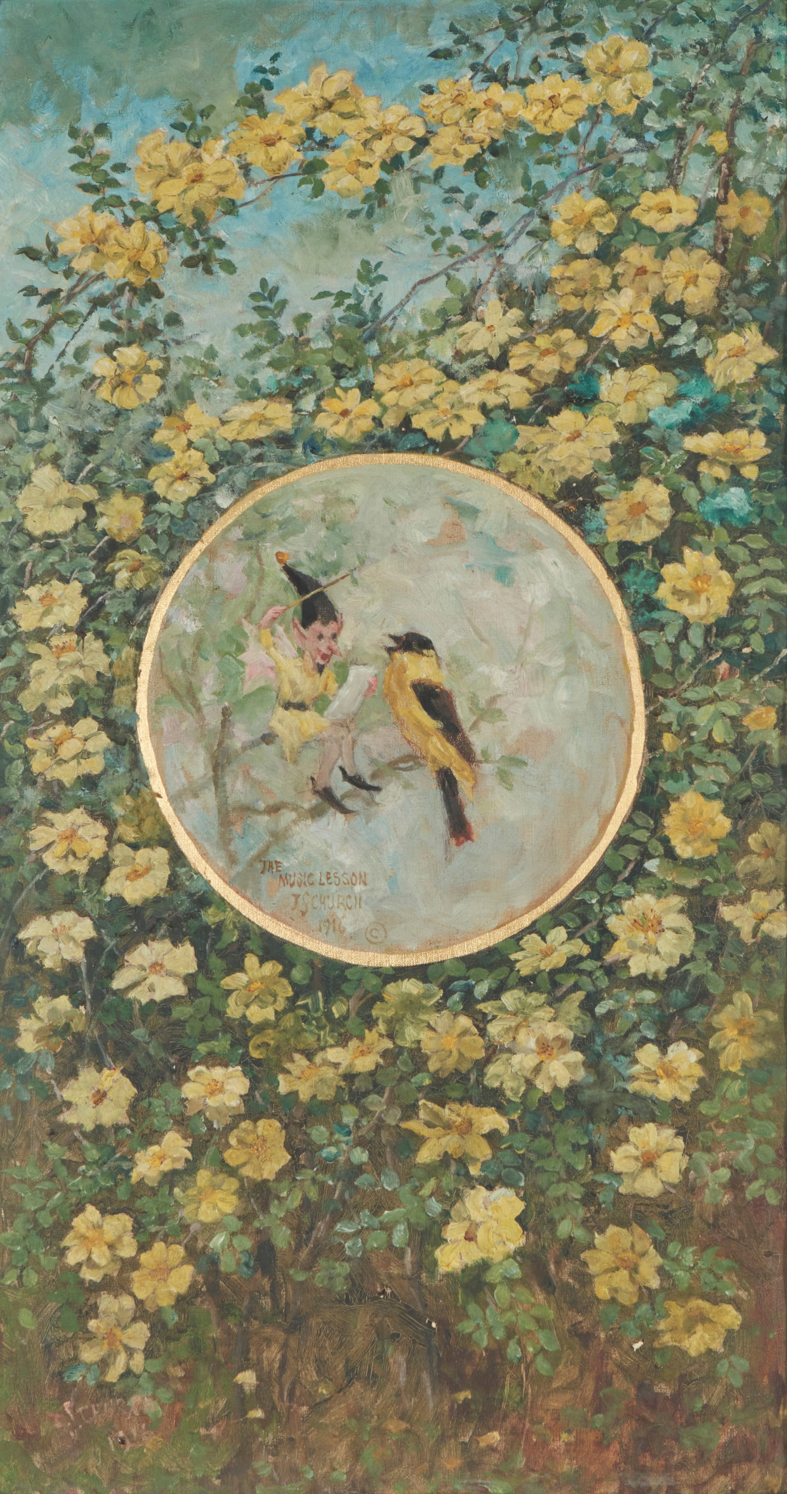 Frederick Stuart Church (1842-1924), "The Music Lesson," 1916: Frederick Stuart Church(1842-1924)"The Music Lesson," 1916Oil on canvasSigned and dated lower left: F.S. Church / 1916; signed and dated again, and titled underneath the figure, to the left33" H x 18"