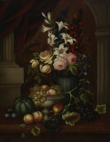 Edwin Steele (1837-1898), Still life with flowers and fruit, 1887