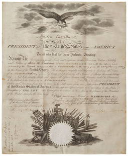 A United States of America military commission signed by President Martin Van Buren (1782-1862): A United States of America military commission signed by President Martin Van Buren (1782-1862)A partially printed military commission on thick vellum, signed faintly "M. Van Buren" and dated "28th of