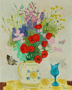 Frederick Arthur Jessup (1920-2007), Still life with flowers and a blue glass: Frederick Arthur Jessup(1920-2007)Still life with flowers and a blue glassOil on canvasSigned lower left: FA Jessup29" H x 23.75" W