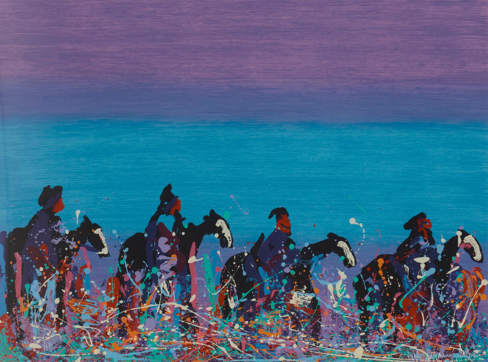 Pablo Antonio Milan (1961-2017), "Four Riders": Pablo Antonio Milan(1961-2017)"Four Riders"Screenprint in colors on wove paperEdition: An artist's proof, aside from the edition of 135Signed and inscribed in white pencil in the lower edge: Pablo Ant